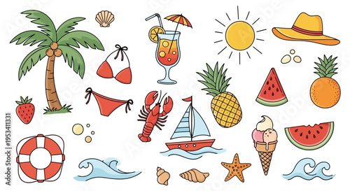 Vibrant Summer Vacation Elements Collection with Tropical Fruits and Beach Items.