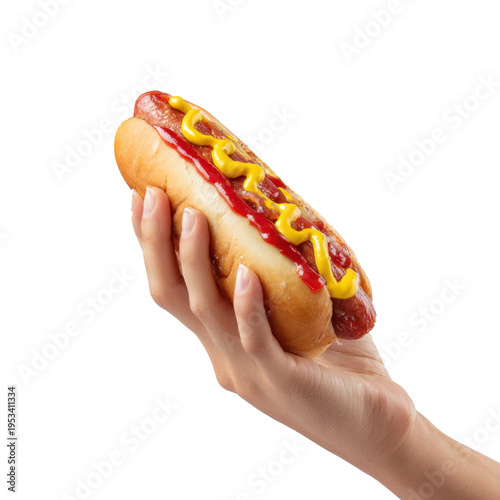 Hand Holding a Hot Dog with Mustard and Ketchup