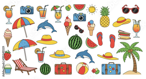 Vibrant Summer Vacation Objects and Symbols Collection.