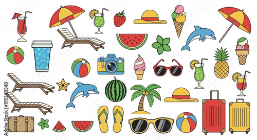 Vibrant Summer Vacation Objects Collection for Tropical Getaway.