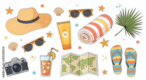 Summer Vacation Essentials Collection for Beach Getaway.