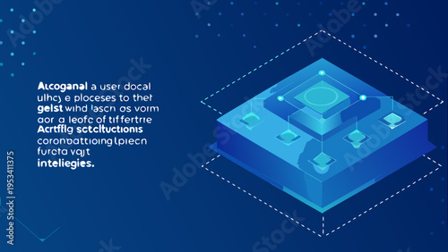 Isometric illustration of a blue layered microchip or processor design