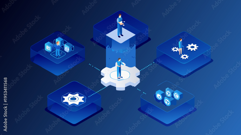 Naklejka premium Isometric illustration depicting business growth technology and interconnected concepts