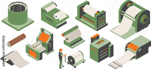 Paper manufacturing industry process vector illustration, industrial machines producing paper rolls, factory equipment workflow, printing packaging production technology