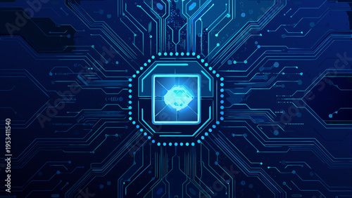 Abstract digital circuit board with glowing central processing unit