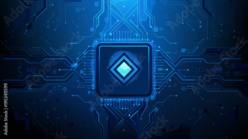 Abstract blue circuit board with a central processor chip design