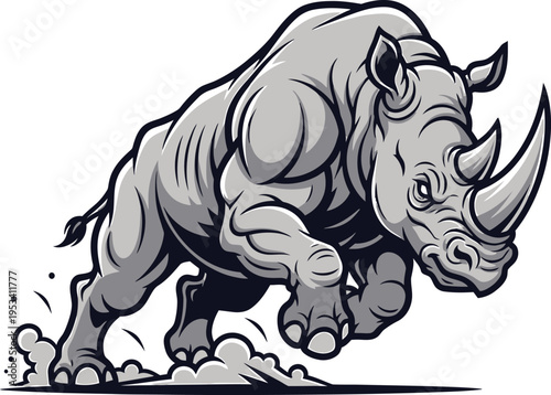 A standing cartoon vector illustration of a large grey rhinoceros animal isolated on a white background, featuring a horned endangered wild creature for a safari nature zoo coloring page