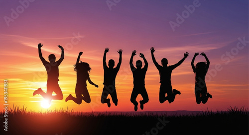 Group of friends jumping joyfully at sunset silhouette.