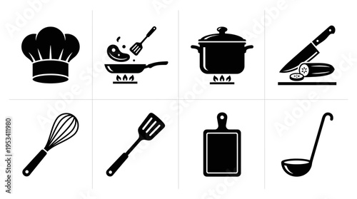 Cooking Icons: Black and White Kitchen Utensil Labels for Culinary Design