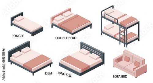 Collection of various bed types and a sofa isometric view.