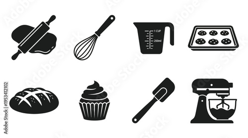 Baking Tools Icons: Black and White Pastry Labels for Kitchen Design