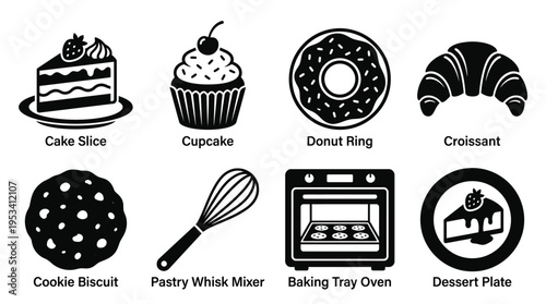 Bakery Dessert Icons: Black and White Baking Labels for Branding