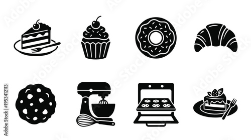 Bakery Dessert Icons: Black and White Baking Labels for Branding