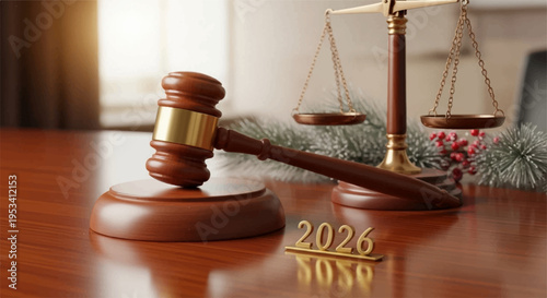 Justice gavel and scales on a wooden desk with 2026 date block symbolizing law order and justice in a courtroom setting with natural light