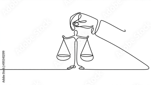 Hand holding scales of justice in one line drawing style symbolizing law and balance
