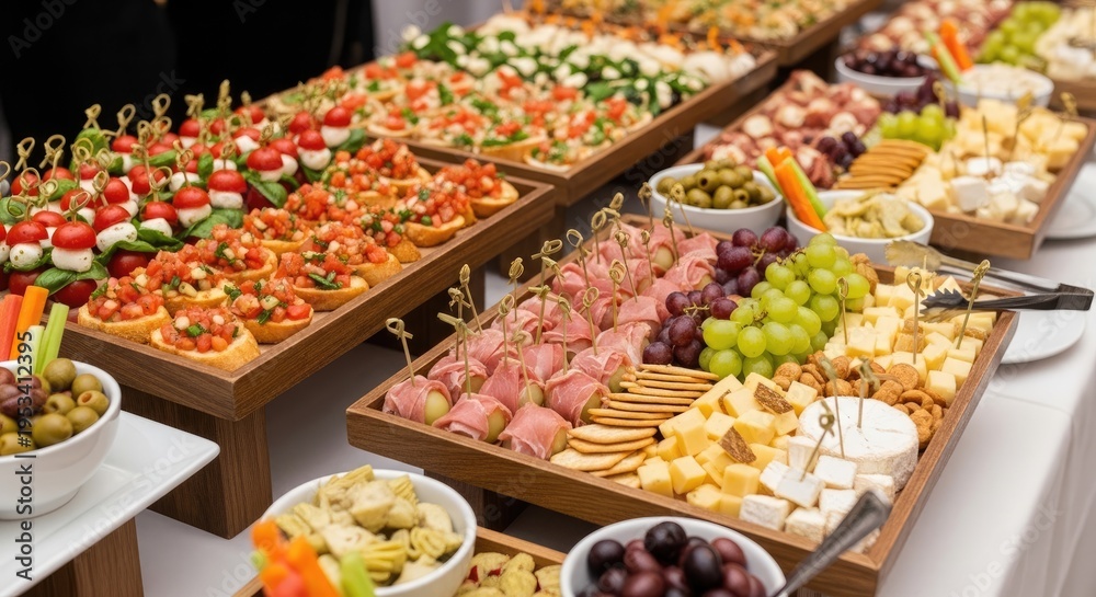 Fototapeta premium A long table is laden with an extensive spread of appetizers and delicacies. Several wooden trays are arranged along the table, each showcasing a variety of colorful foods.