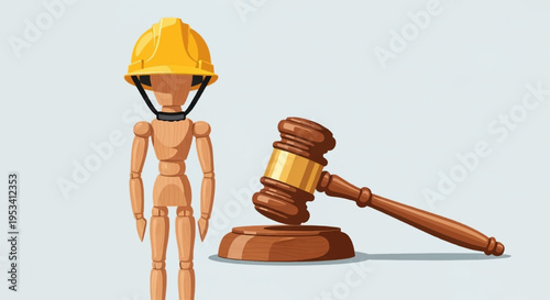 Wooden mannequin wearing hard hat stands beside judge's gavel on block symbolizing construction law safety regulations and court proceedings