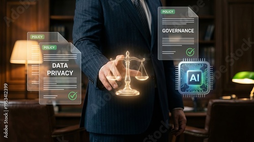 Lawyer Managing AI Integration with Data Privacy and Governance Policies in Office