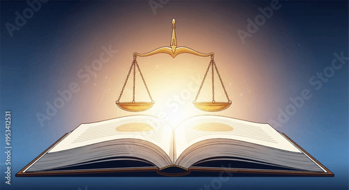 Open book with scales of justice on top symbolizing law and knowledge with a bright light shining through the pages representing wisdom and fairness in a legal or educational