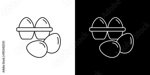Stylized outline icon featuring fresh poultry eggs, with two resting in an open carton and two placed individually, ideal for culinary and breakfast themes