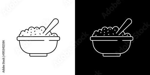 Minimalist line art vector icon of a bowl filled with breakfast cereal or porridge and a spoon, representing healthy eating and morning meals concept