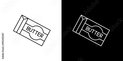 Minimalist line art icon illustration of a butter packet on a black and white background