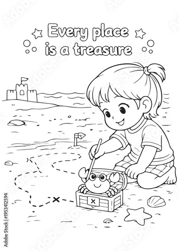 coloring book page girl searching the sand for tiny treasures and mapping finds with a crab