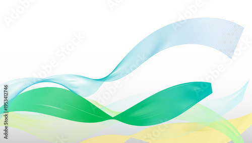 グリーンの細線が重なる抽象ウェーブ背景｜データ・ネットワークを表現したテクノロジー系ラインデザイン素材