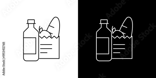 Stylized Line Art Icon of a Grocery Bag Filled with Essential Food Items, Including a Beverage Bottle and Loaf of Bread, Ideal for Retail, E-commerce, and Food Delivery Applications