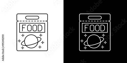 Essential icon depicting a futuristic space food packet with cosmic elements, ideal for dietary programs or interstellar travel provisions