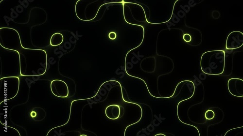 Glowing Green Wavy Lines Pattern Illuminates Dark Background Seamless Loop Digital Motion Graphic Intertwined