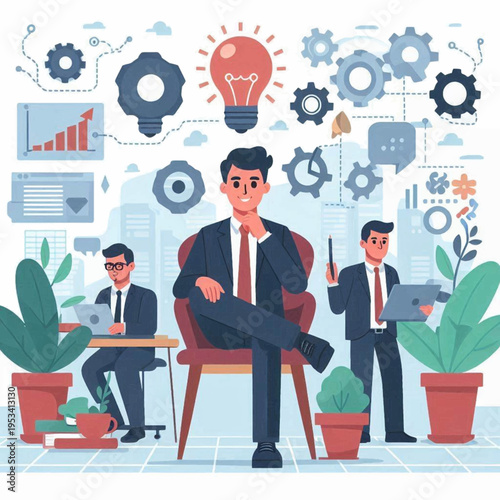 Three businessmen one seated surrounded by graphics of gears charts a lightbulb plants and other visual icons