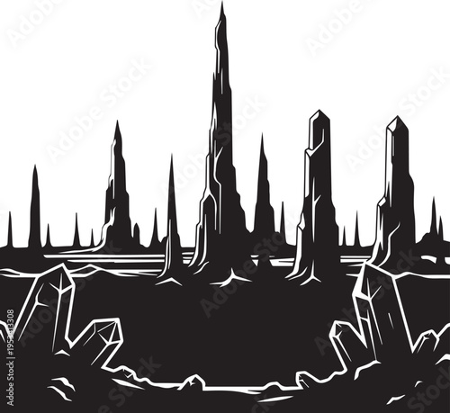 Alien landscape with sharp rock formations and crystals vector illustration, science fiction background