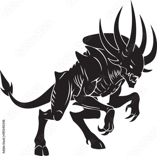 Fierce horned monster silhouette vector illustration featuring beast creature line art detail