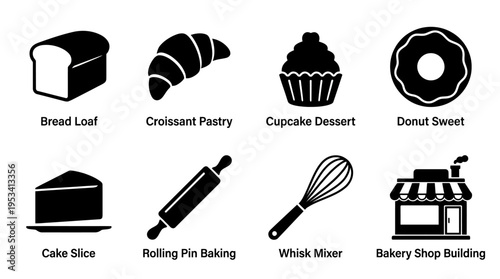 Bakery Icons: Black and White Pastry and Baking Labels