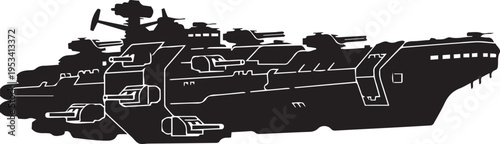 Futuristic battleship warship silhouette vector illustration featuring naval line art detail