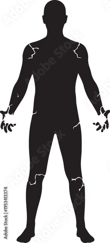 Cracked human body silhouette vector illustration showing inner energy through line art glow