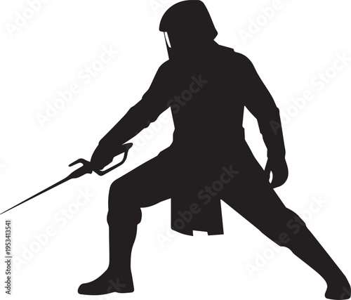 Silhouette illustration of a fencer with sword, vector art, line art, dynamic pose