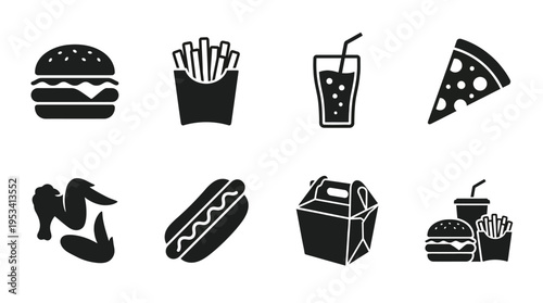 Fast Food Icons: Black and White Silhouette Labels for Restaurant Marketing