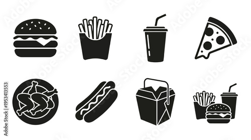 Fast Food Icons: Black and White Silhouette Labels for Restaurant Marketing