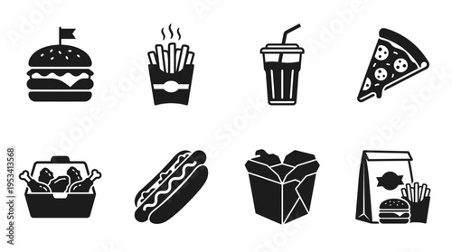 Fast Food Icons: Black and White Silhouette Labels for Restaurant Marketing