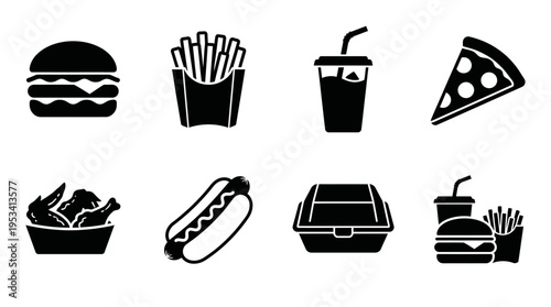 Fast Food Icons: Black and White Silhouette Labels for Restaurant Marketing