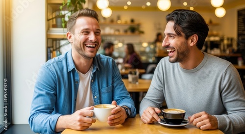 Two smiling men are sitting at a table in a cafe, enjoying coffee and laughing together. They appear to be friends or colleagues.