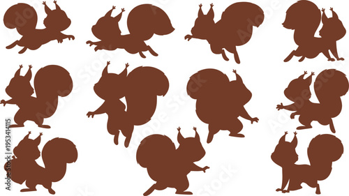 Cartoon squirrel silhouette pose set. Playful woodland squirrel characters vector collection. Cute squirrels jumping, dancing and standing in different poses.