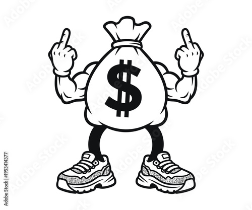 Cartoon money bag character with muscular arms and sneakers gives two middle fingers