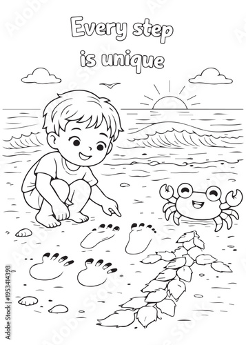 coloring book page boy arranging pebbles into a patterned path while a crab observes
