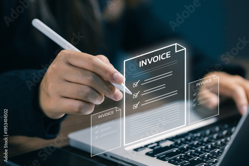 Digital invoice and billing system concept on laptop, financial document management, payment processing and accounting workflow automation.