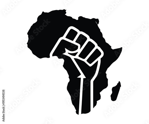 Raised fist superimposed over african continent map in black and white silhouette