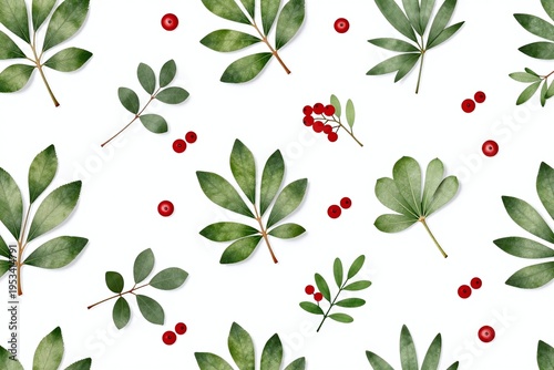 A pattern of green leaves and red berries on a white background