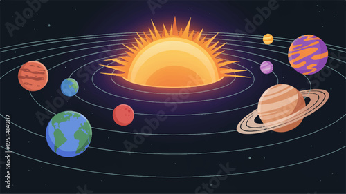 Vibrant cosmic illustration of the solar system with planets orbiting a radiant sun in a deep blue space background